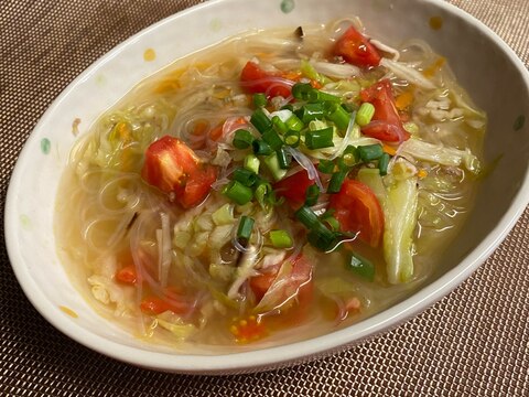 トマトの旨み❣️たっぷり野菜のさっぱり春雨スープ